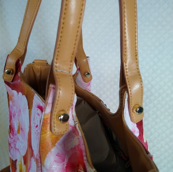 Sharif Hand Painted Tan Leather Purse Gorgeous Pink Florals - Picture 15 of 15